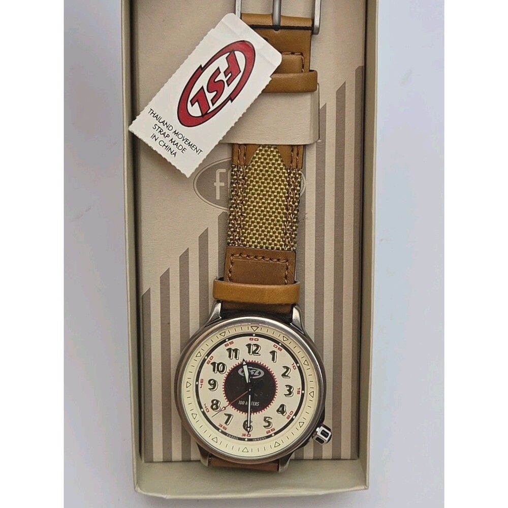 Vintage Fossil Quartz Watch FL-5128 Tan Leather Fabric Strap Water Resistant NEW